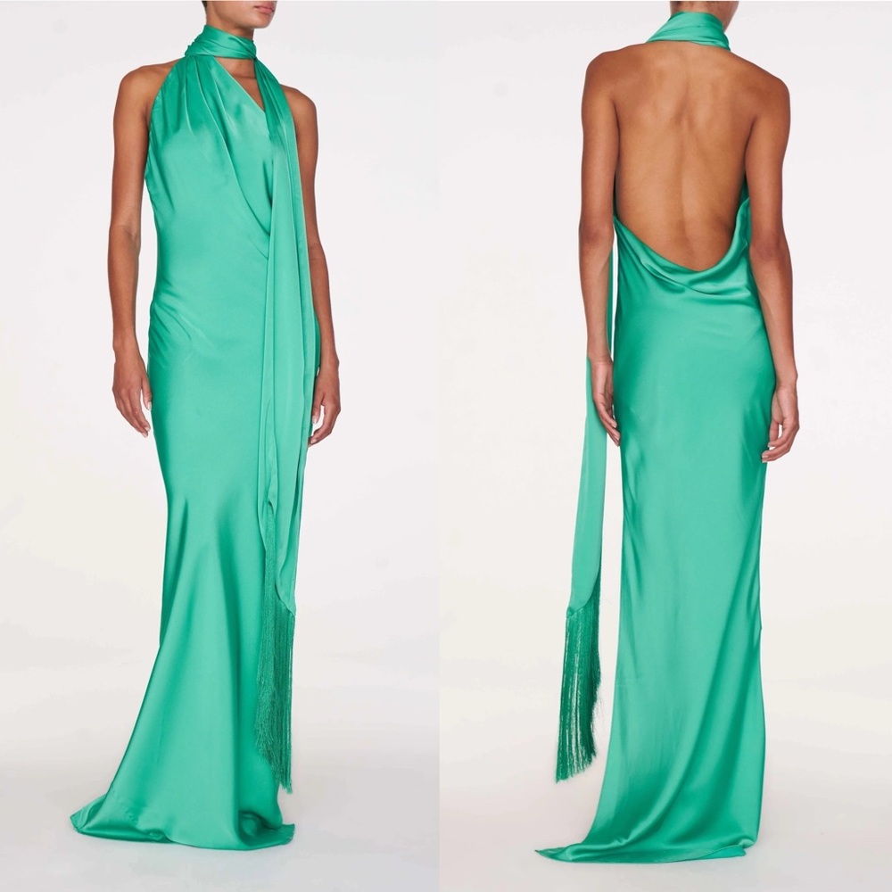 Rat & Boa Emerald Green Silk Halter Maxi Dress with Backless Draping